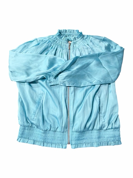 Chico's Jackets & Blazers - Chico’s Size 1 Aqua Blue Ruched Zip-Up Jacket Smocked Neck Cuffs Hem 100% Poly